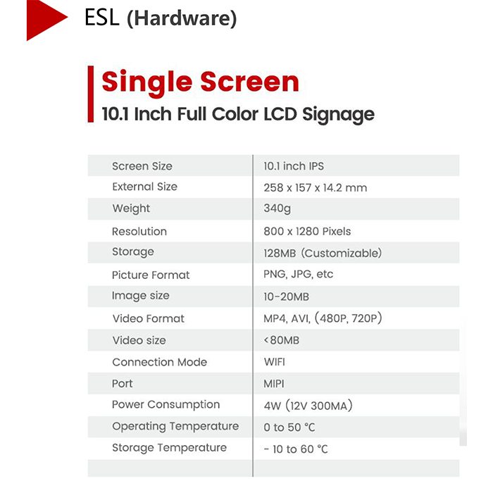 Sinalização LCD colorida de 10,1 polegadas com tela única
