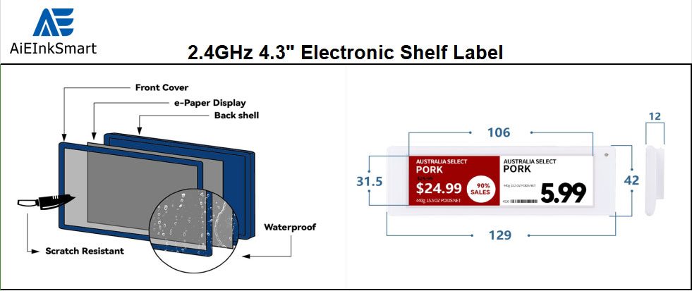 Etiqueta eletrônica de prateleira de 4,3 polegadas White Shell